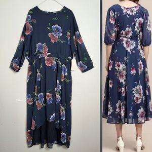Y2K Vintage RR Floral Navy Plus Size Hi Low Chiffon Dress Plus Size 22W